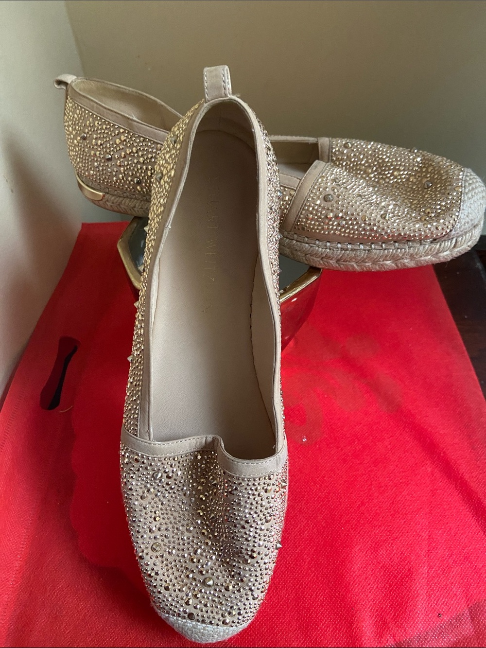 Stuart Weitzman Beige with gold Crystal Embellished Women's Espadrille Slip-Ons